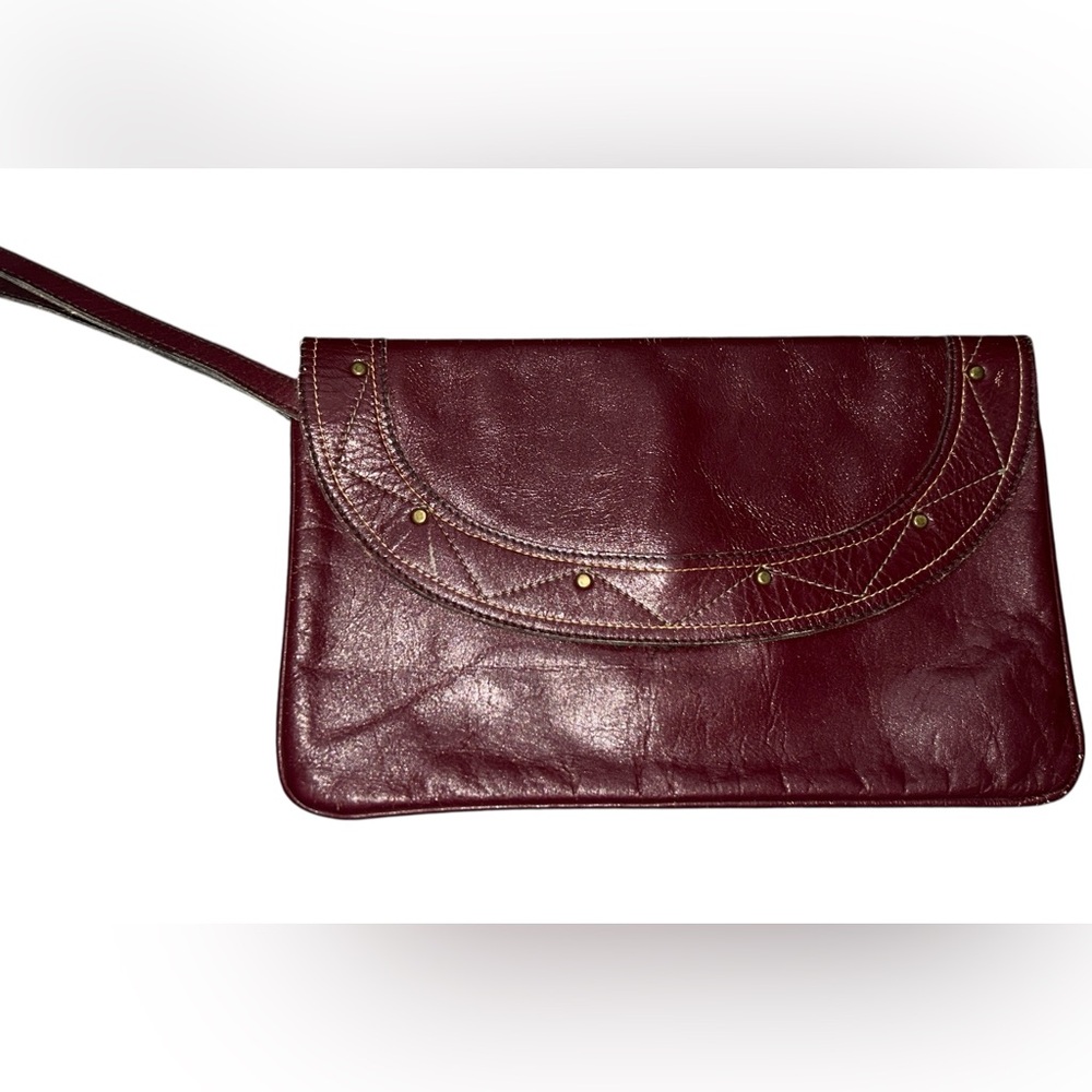 Vintage 1970s Boho Revival Genuine Leather Wristlet Clutch Purse Deep Burgundy